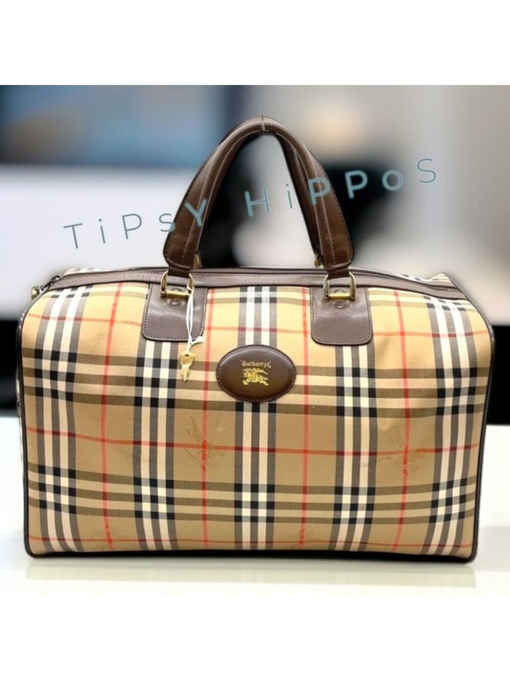 Burberry Nova Check Shadow Horse Canvas Leather 45 Boston Bag with Key 99885